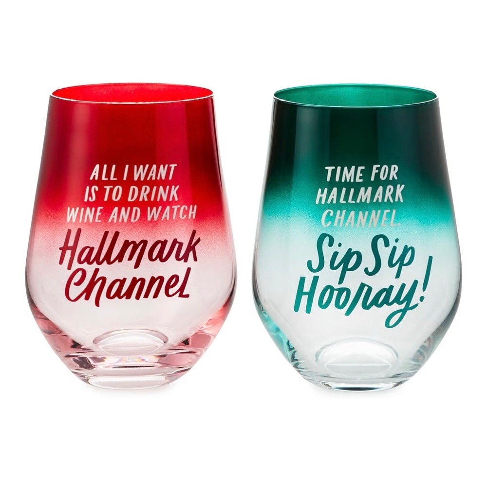 Hallmark Channel‎ Stemless Wine Glasses Set of 2 Red Green Ombre Sip Sip Hooray